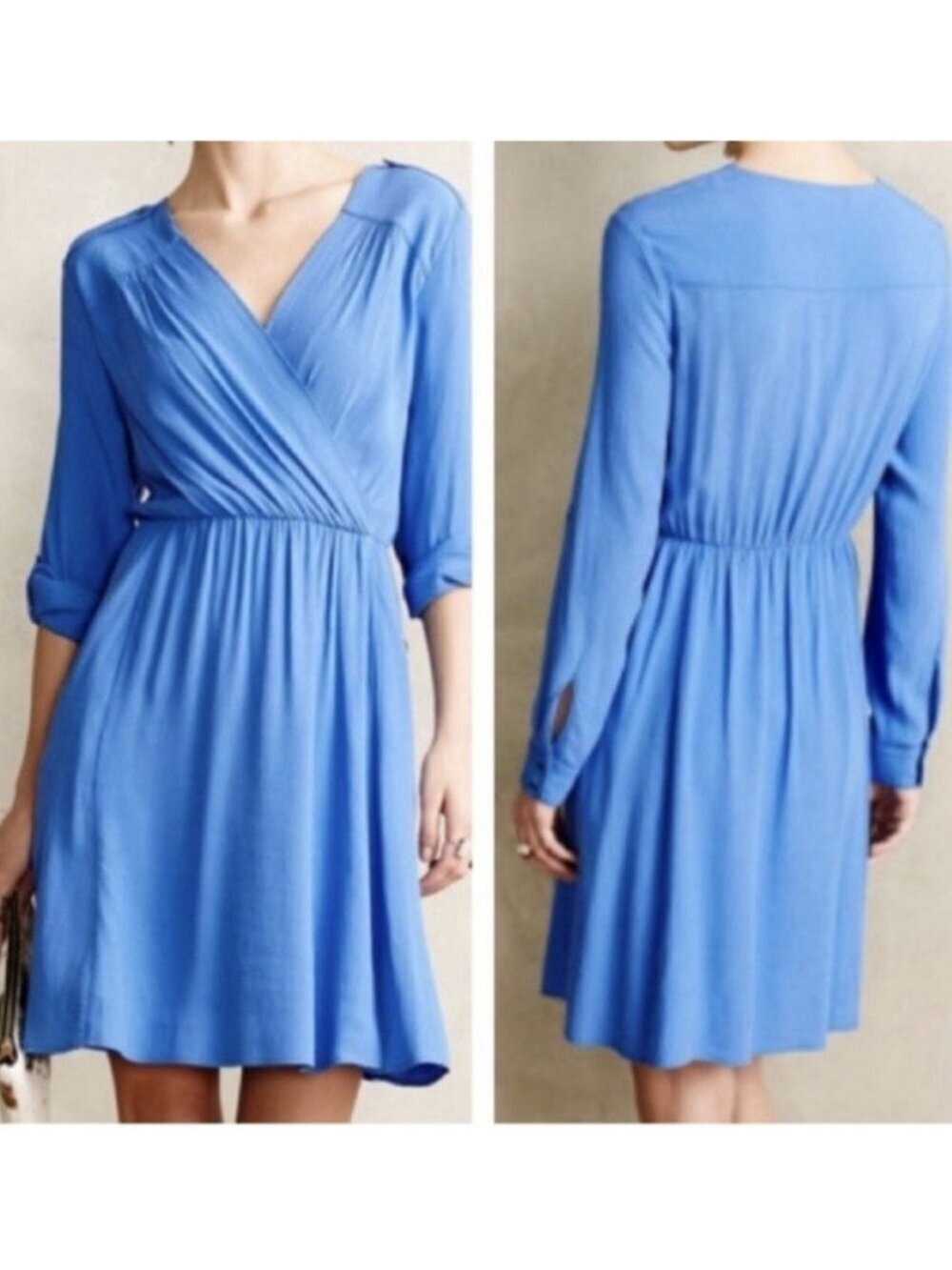 Maeve Anthropologie Dress Womens Small Blue Faux Wrap Utility Mini Boho Peasant